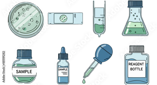 Laboratory Equipment Vector Illustration Flasks, Bottles, Pipettes and Microscope Slide