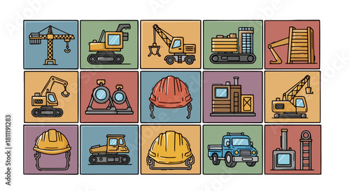 A collection of colorful line art icons representing the concept of industrial construction. Features heavy machinery, building equipment, and safety gear