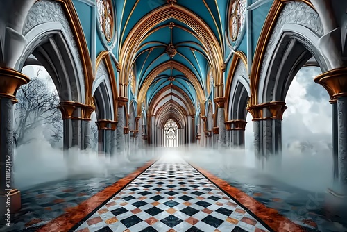 Majestic gothic revival hallway enchanted castle digital artwork mysterious atmosphere wide angle view fantasy concept