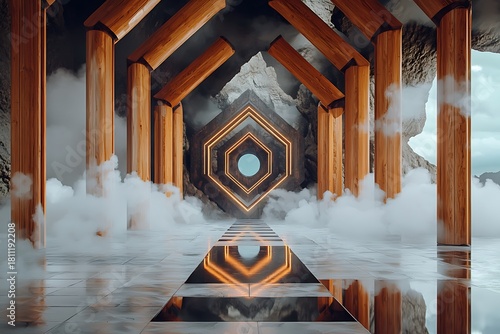 Modern architectural pathway surrounded by mist abstract environment captivating viewpoint for creative inspiration