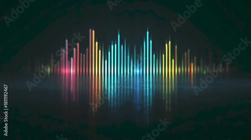 A colorful sound wave visualizer with glowing vertical bars and reflections creates a dynamic and surreal abstract art piece, representing audio in a visually engaging way.