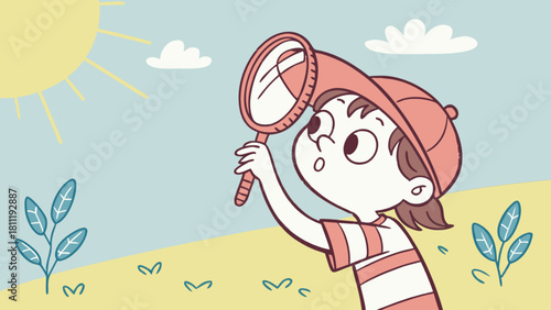 Child exploring nature with magnifying glass summer adventure outdoor learning discovery cartoon illustration