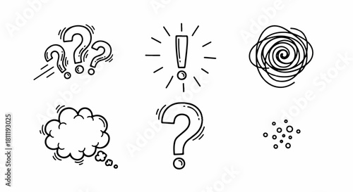 Doodle Icons of Question, Confusion, Solution and Ideas, Hand-Drawn Vector Illustration