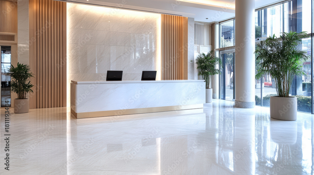 Naklejka premium Luxury hotel reception desk marble lobby warm ambient lighting welcoming concierge