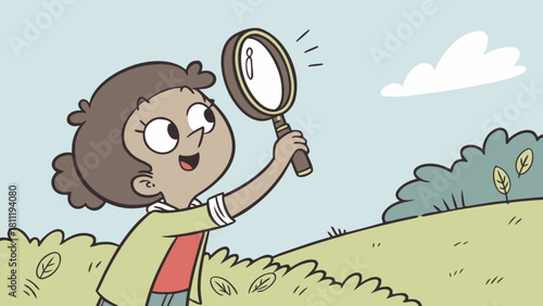 Cartoon girl exploring nature with magnifying glass outdoor adventure illustration vector graphic design