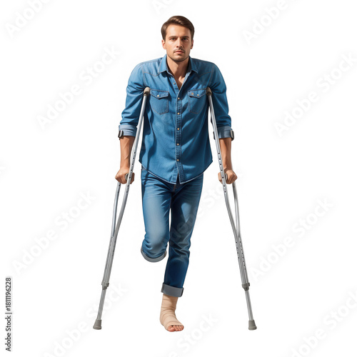 Man with injured foot on crutches walking, isolated on transparent background
