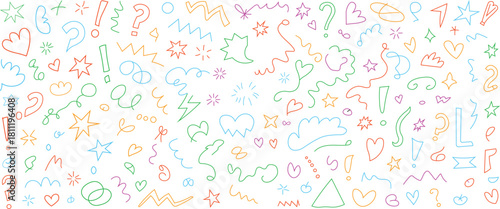 Crayon drawn emotive decorating pieces and vibrant line movement elements.  Icons for doodling emphasis.  Lines and forms are expressed in comics.  Wind, sparkle, question, shine, sunburst.