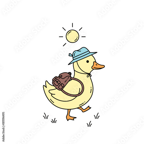 A cheerful cartoon duck with a hat and backpack enjoys a sunny day outing illustration