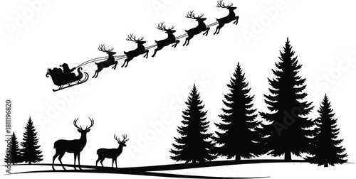 Santa Claus sleigh flying over pine forest with deer silhouette, Christmas winter landscape vector illustration, holiday background
