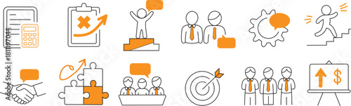 Business office career set with a hand-drawn icon drawing.  Hand-drawn business office targets, finance group projects and career collaboration tactics.  Puzzle, chart element, and target.  Vector set