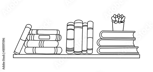 Hand drawn doodle books on the bookshelf isolated on white background. Sketch style vector illustration perfect for education, library, reading and study themes.