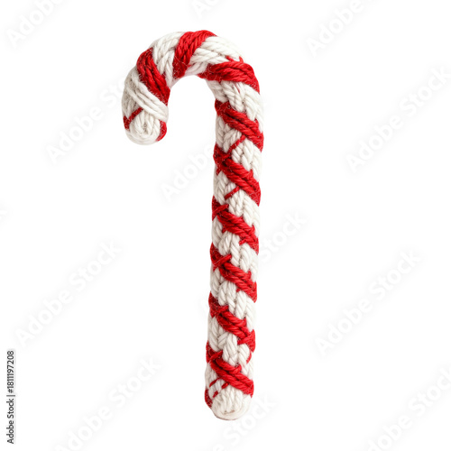 3D candy cane made from hand knitted yarn on a transparent background