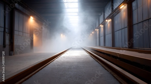 Industrial interior filled with fog featuring parallel tracks leading into a bright luminous exit