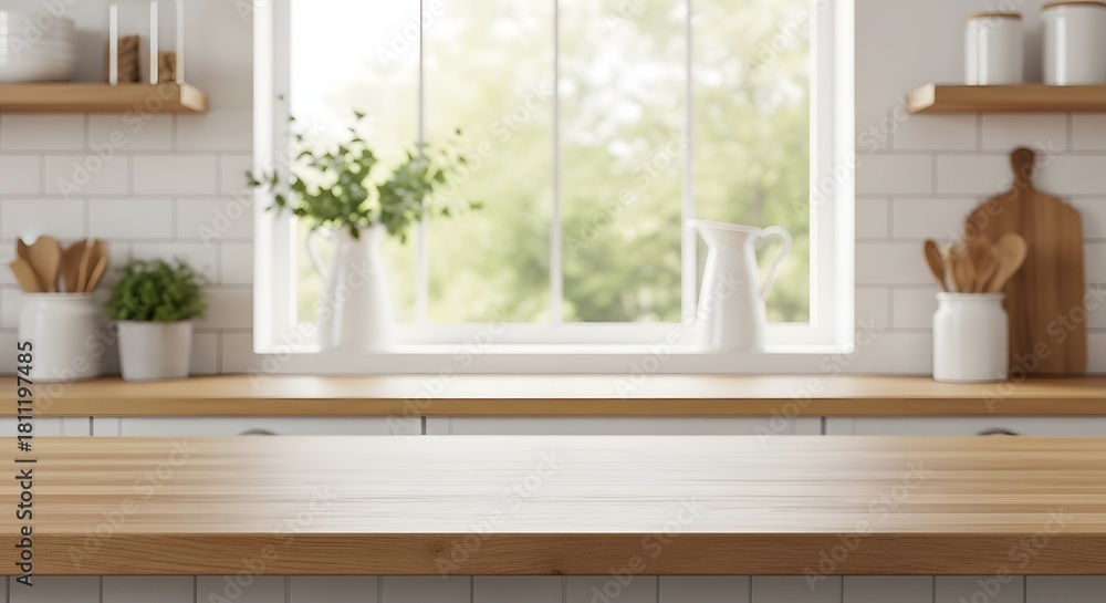 Fototapeta premium Bright and airy kitchen countertop with window view and natural light