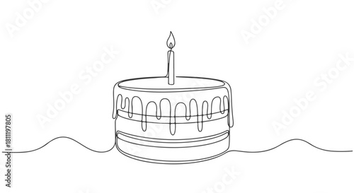 Modern Celebration Cake Art, Created with a Smooth Single, Continuous Line Flow, Featuring a Lit Candle for Festive Occasions and Clean Vector Aesthetic