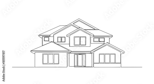 Single line continuous drawing of a suburban house, architectural sketch of a residential building, home illustration in a minimalist style