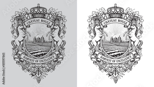 Royal Wine Estate Crest with Rearing Horses, Chateau, and Harvest Banner