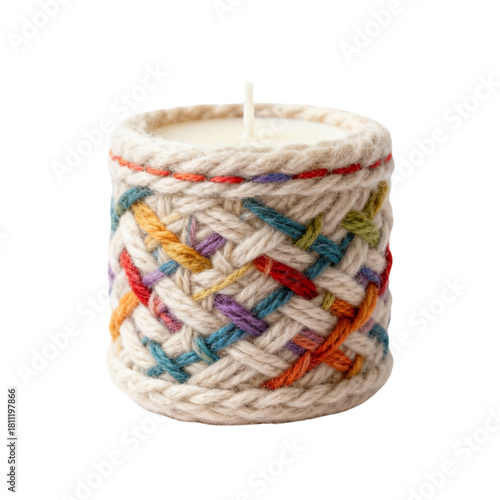 Christmas candle knitted from handmade yarn with colorful pattern