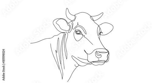 Single continuous line art of a cow's head A minimalist illustration with a focus on simplicity and elegance in design