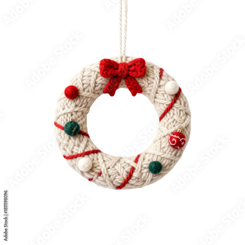 Colorful Christmas wreath knitted from handmade yarn 