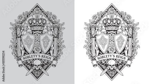 Noblety's Reign Rhombus Crest with Knights, Crown, and Roses