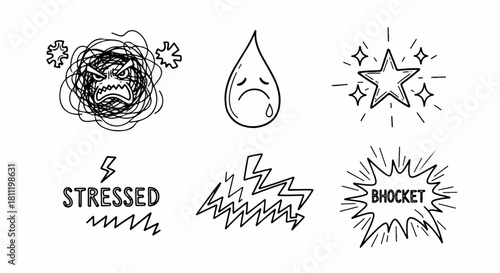 Hand-drawn doodle icons illustrating various mental states and emotional expressions like stress, shock, sadness, and joy