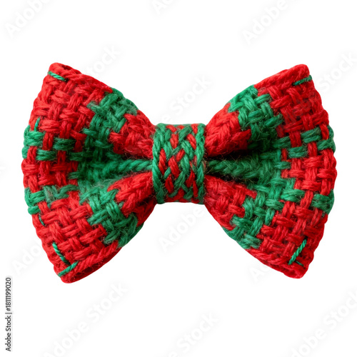 One xmas gift bow red green made of handmade yarn on transparent background