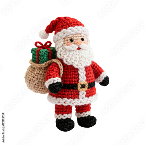 One 3D Santa Claus with a bag of handmade yarn gifts 