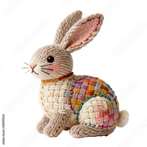 One 3D rabbit knitted from multicolored yarn isolated on transparent background