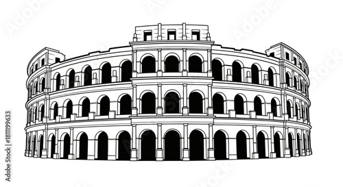 Detailed black and white line art illustration of the ancient Roman Colosseum, showcasing its iconic arched structure and historical grandeur.