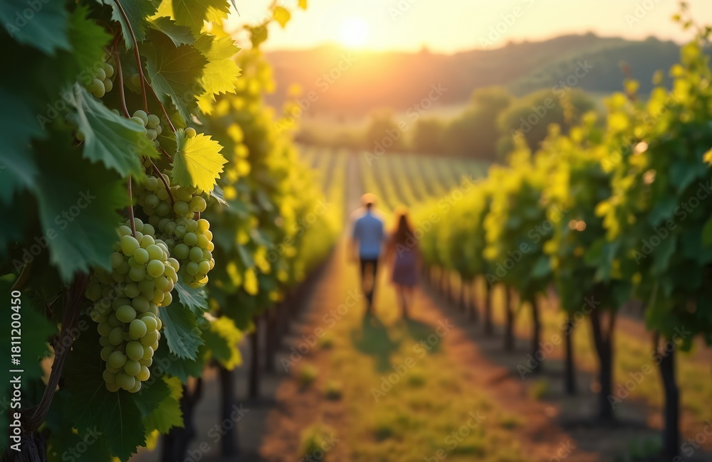 Naklejka premium Couple walks through vineyard rows at golden hour sunset. Lush green vines heavy with white grapes. Scenic rural landscape during warm spring or summer evening.