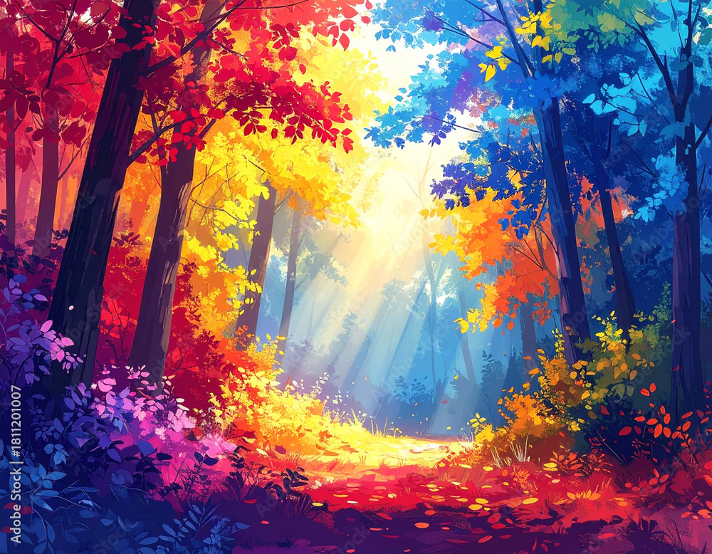Fototapeta premium Dreamlike autumn forest pathway nature digital artwork enchanted environment perspective view tranquility and wonder