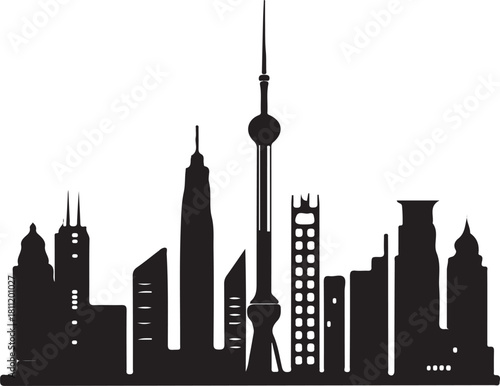 Simple black silhouette of a modern city skyline with iconic tall buildings, clean straight lines, no texture, isolated on a white background