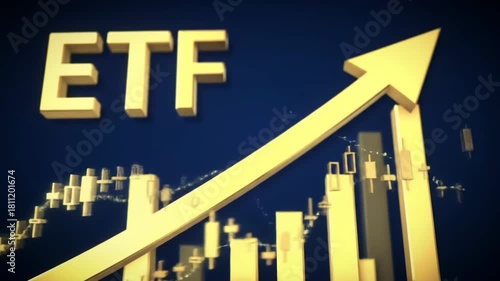 ETF financial concept with golden arrow and charts rising, blue background, for business
