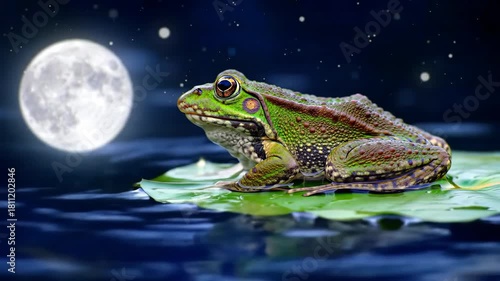 Frog on lily pad observing moonlit night sky, perfect for fantasy illustration