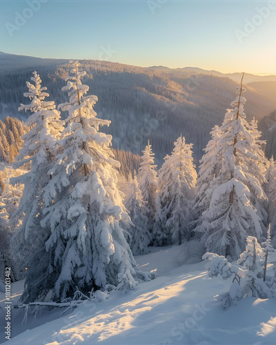 winter landscape, snow-covered forest, evergreen trees, snowy evergreens, sunrise light, sunset light, golden hour, golden sunlight, winter sunrise, winter sunset, frosty forest, snowy nature, serene 