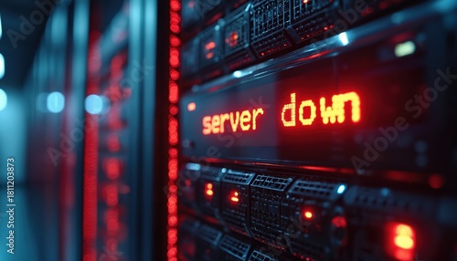 Fototapeta Server rack with red alert showing server down in dark data center. System failure, network outage, technical problems, and data loss issues.