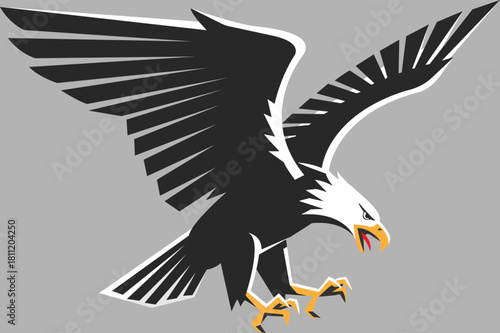 Eagle icon in the air, with large wings and an open beak ready to grab its prey, eagle icon on a gray background vector.
