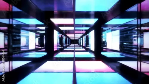 Futuristic corridor with bright neon squares, reflective surfaces, depth, for design projects and abstract concepts
