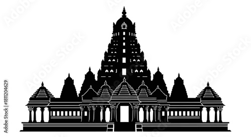Detailed silhouette of an ancient Hindu temple with multiple spires and intricate architecture.