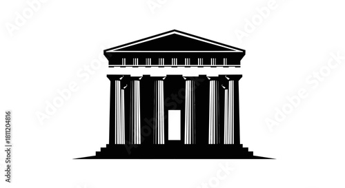 Black and white illustration of a classical Greek temple facade with columns and pediment, minimalist design.