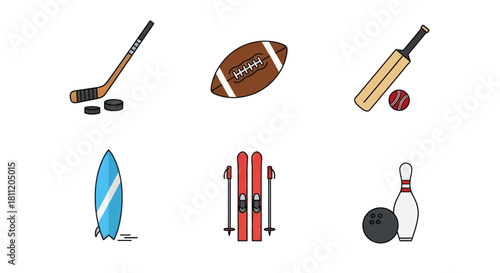 Collection of diverse sports equipment on a white background