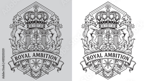 Royal Ambition Hexagonal Crest with Rearing Lions and Crown
