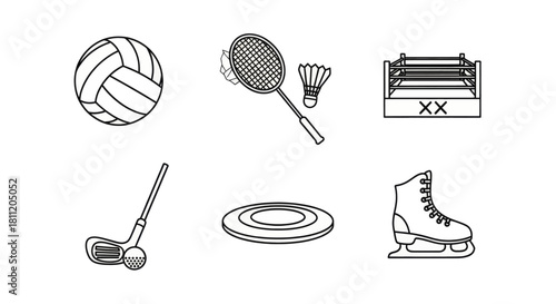 Collection of diverse sports equipment icons for active lifestyle and recreation