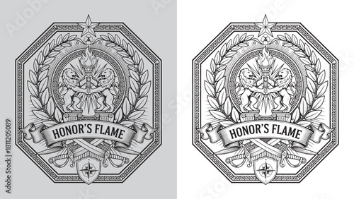 Honor's Flame Octagonal Crest with Lions, Torch, and Laurel Wreath