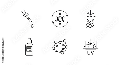 Skincare science icons: dropper, molecule, hydration, serum bottle, UV protection, and cellular structure.