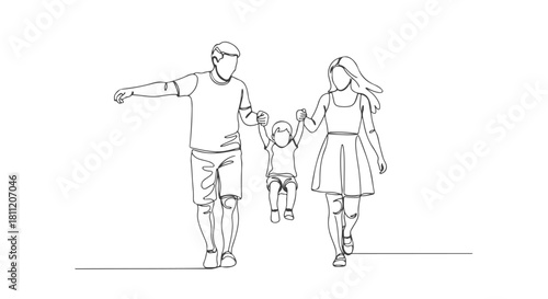 Single line continuous drawing of a family with a child, 4