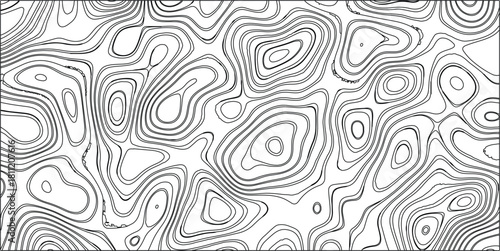 Black and white abstract topographic map-like pattern with swirling contour lines creating organic, fluid shapes and a sense of depth and movement for graphic design