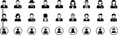 Collection of black and white silhouette icons representing diverse people woman