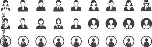 Collection of dark grey human profile icons on white background user person